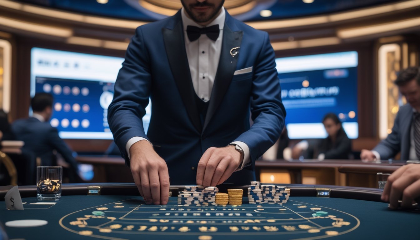 Meja permainan Speed Baccarat di kasino dengan dealer yang sedang membagikan kartu dan pemain yang fokus memperhatikan permainan.