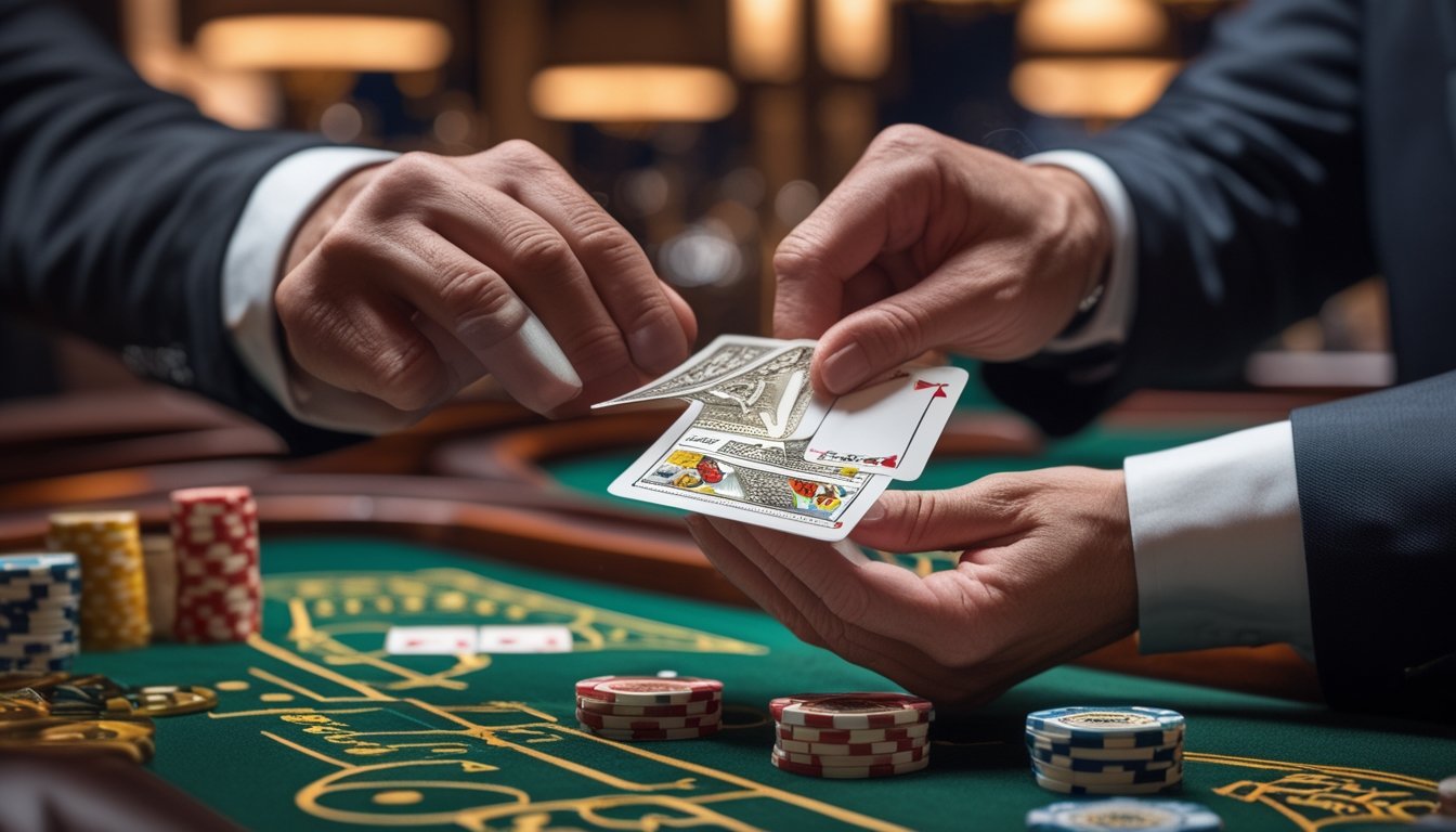 Seorang dealer kasino sedang membuka kartu dengan teknik baccarat squeeze di meja baccarat yang mewah.