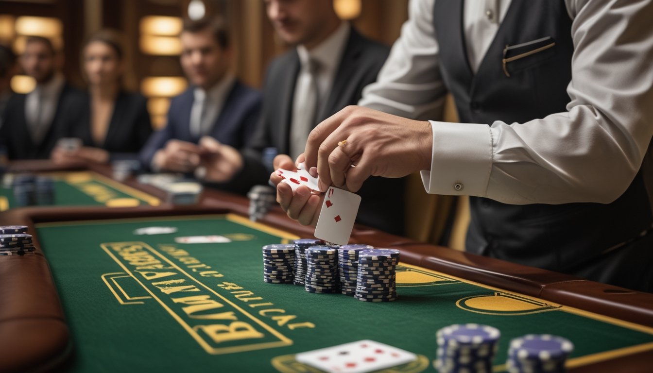 Seorang dealer yang rapi sedang mengendurkan kartu di meja Baccarat dengan pemain yang memperhatikan di latar belakang.