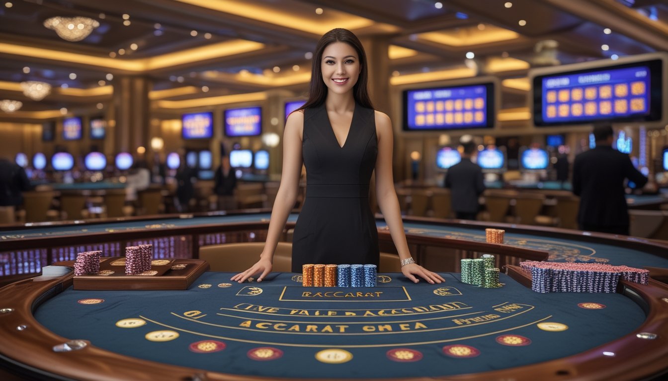 Seorang dealer wanita profesional berdiri di meja baccarat dengan kartu dan chip, di latar belakang suasana kasino mewah dengan beberapa pemain memperhatikan permainan.