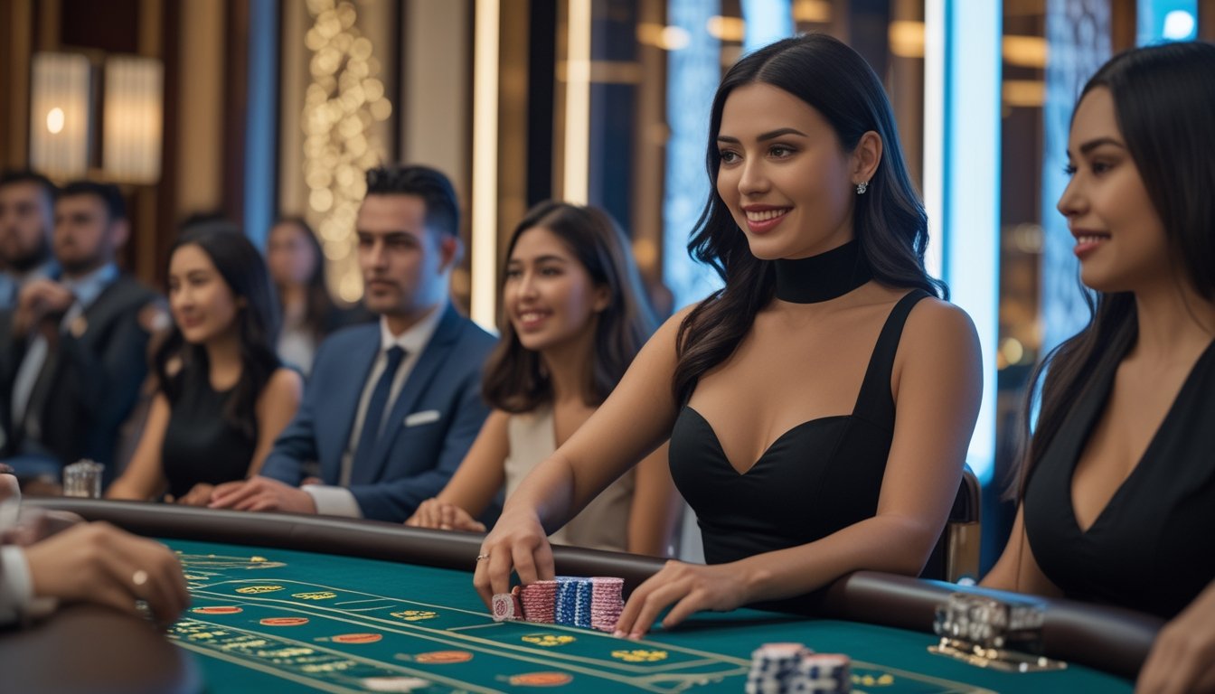 Seorang dealer wanita profesional sedang membagikan kartu di meja baccarat dengan beberapa pemain yang memperhatikan di sebuah kasino modern.