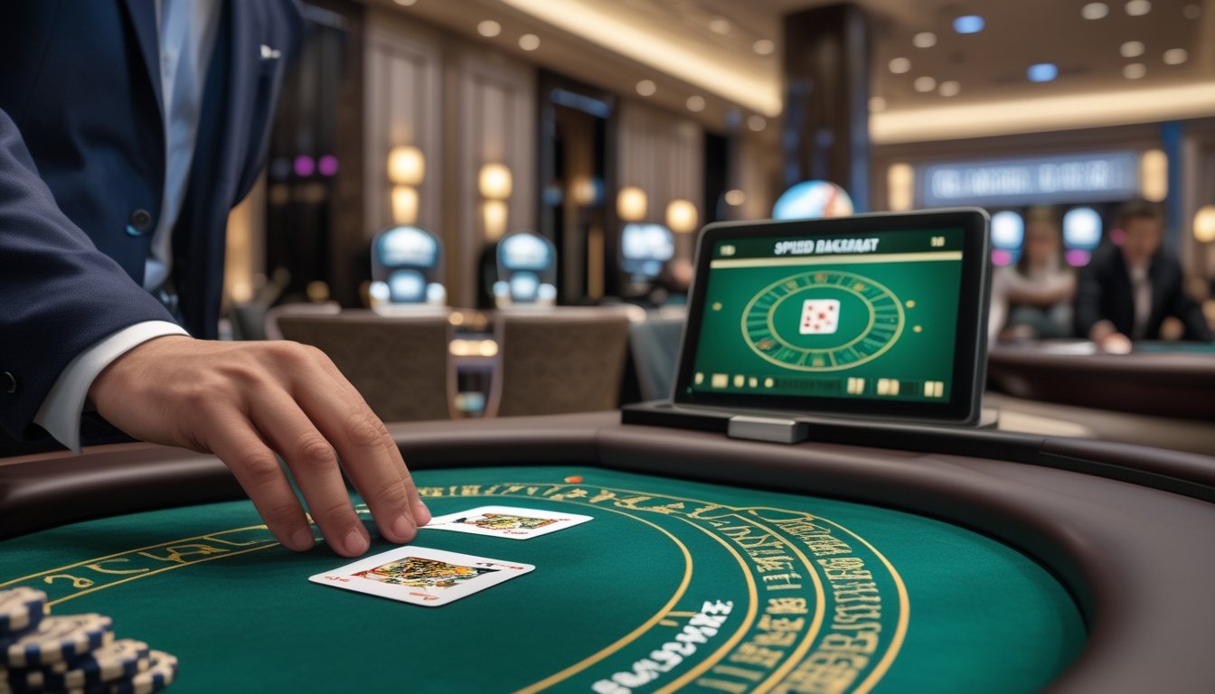 Meja Baccarat di kasino dengan pemain yang sedang meremas kartu dan layar digital menampilkan permainan Speed Baccarat.