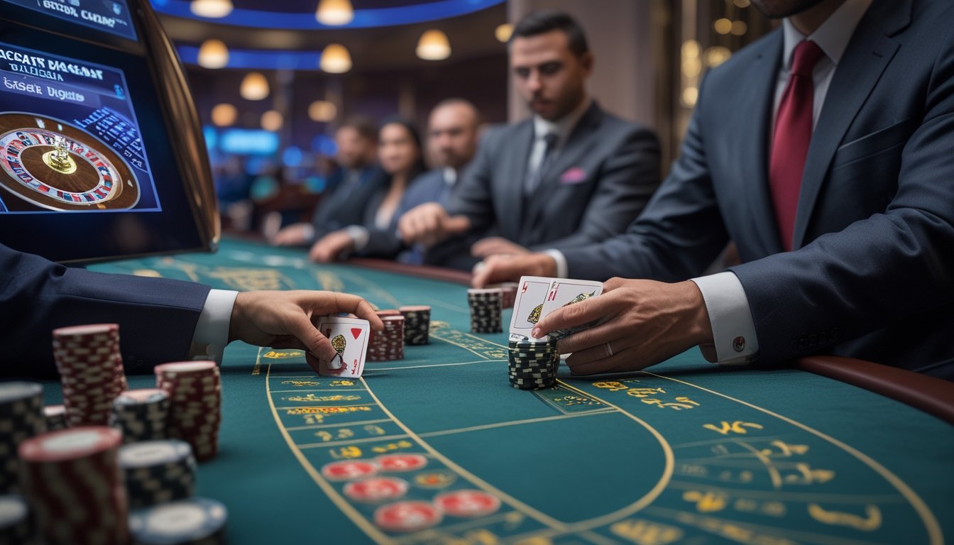 Seorang dealer kasino yang rapi sedang memegang kartu Baccarat di meja permainan dengan tumpukan chip dan layar digital di latar belakang.