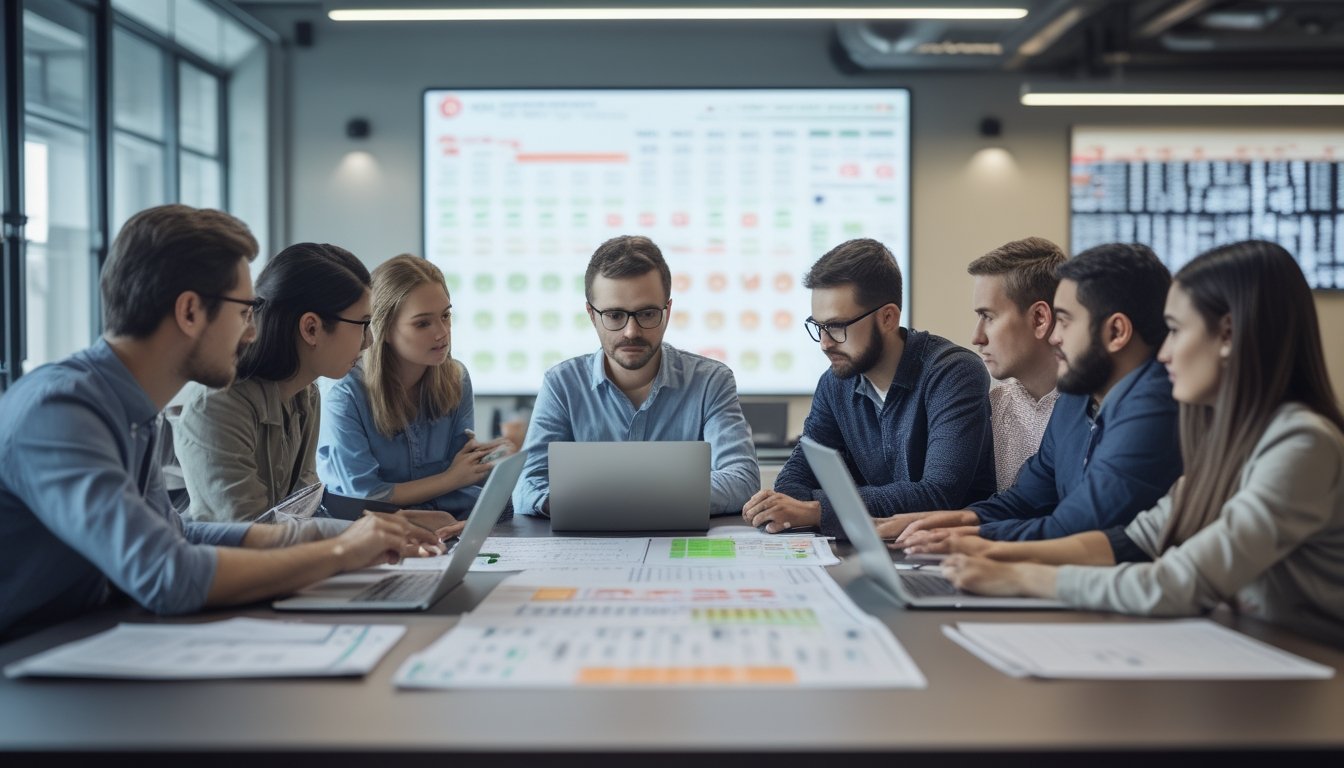 Sekelompok orang sedang berdiskusi di meja kantor dengan laptop dan dokumen, fokus pada analisis angka.