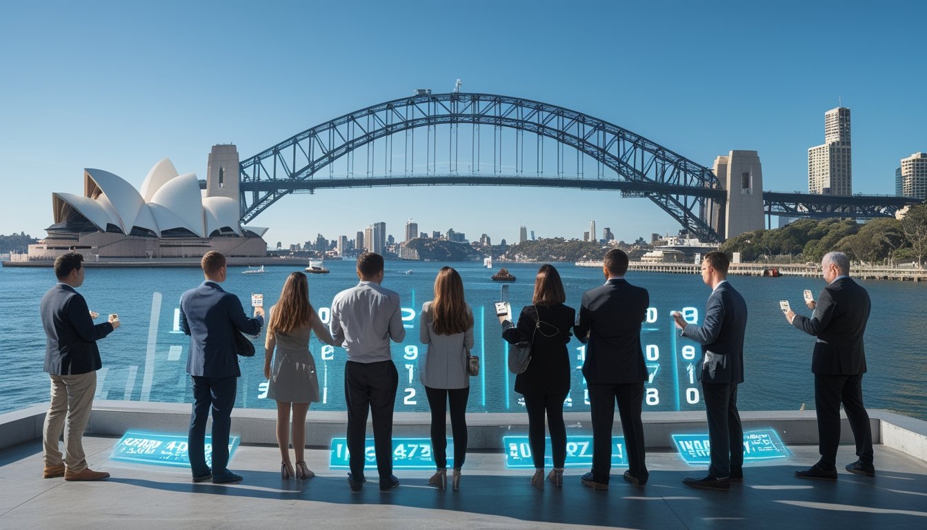 Pemandangan kota Sydney dengan orang-orang dari berbagai negara yang berinteraksi dengan tiket lotere digital di depan landmark terkenal.