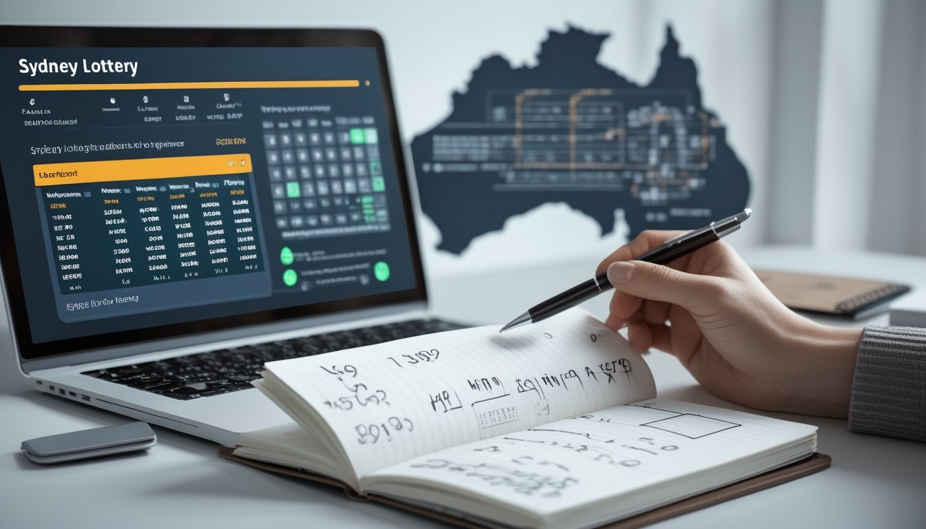 Sebuah meja kerja dengan laptop, buku catatan, dan seseorang menunjuk layar, menggambarkan penjelasan sistem angka togel Sydney untuk pemula.