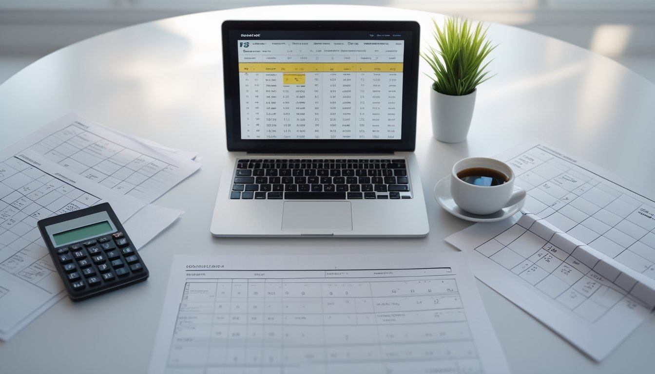 Meja kerja dengan laptop, kertas berisi angka dan diagram, kalkulator, dan secangkir kopi yang menggambarkan analisis sistem angka togel Sydney untuk pemula.