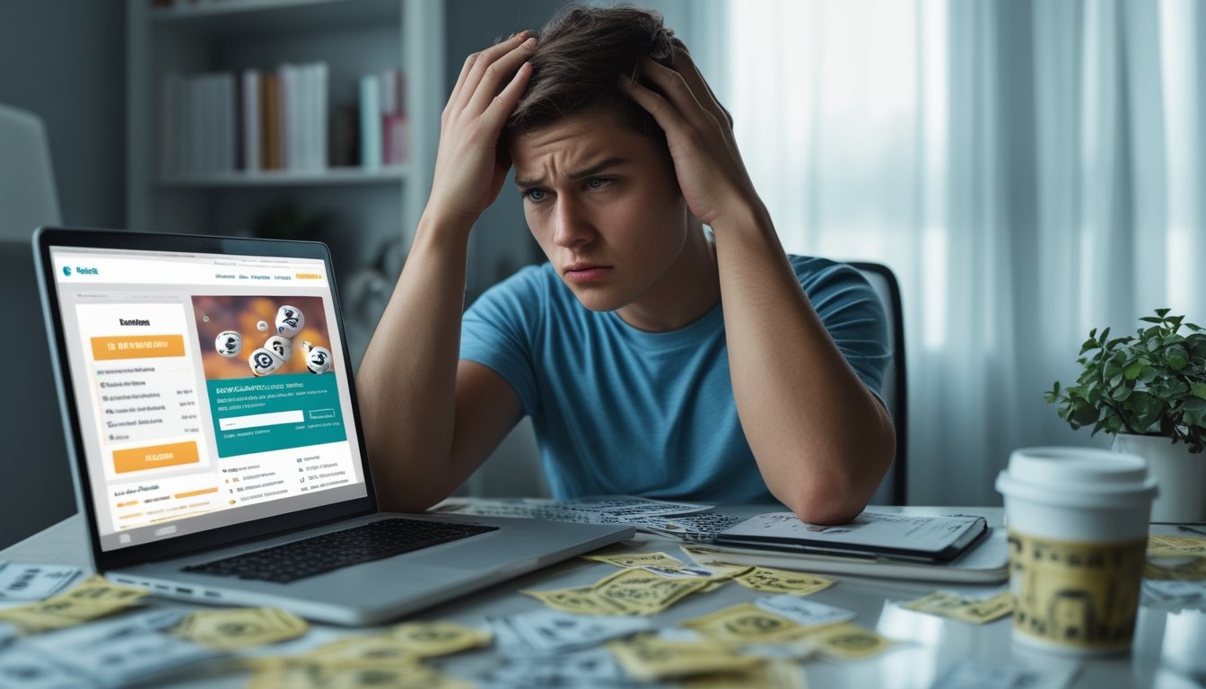 Seorang dewasa muda duduk di meja dengan laptop terbuka, terlihat khawatir dan stres saat bermain togel online di rumah.