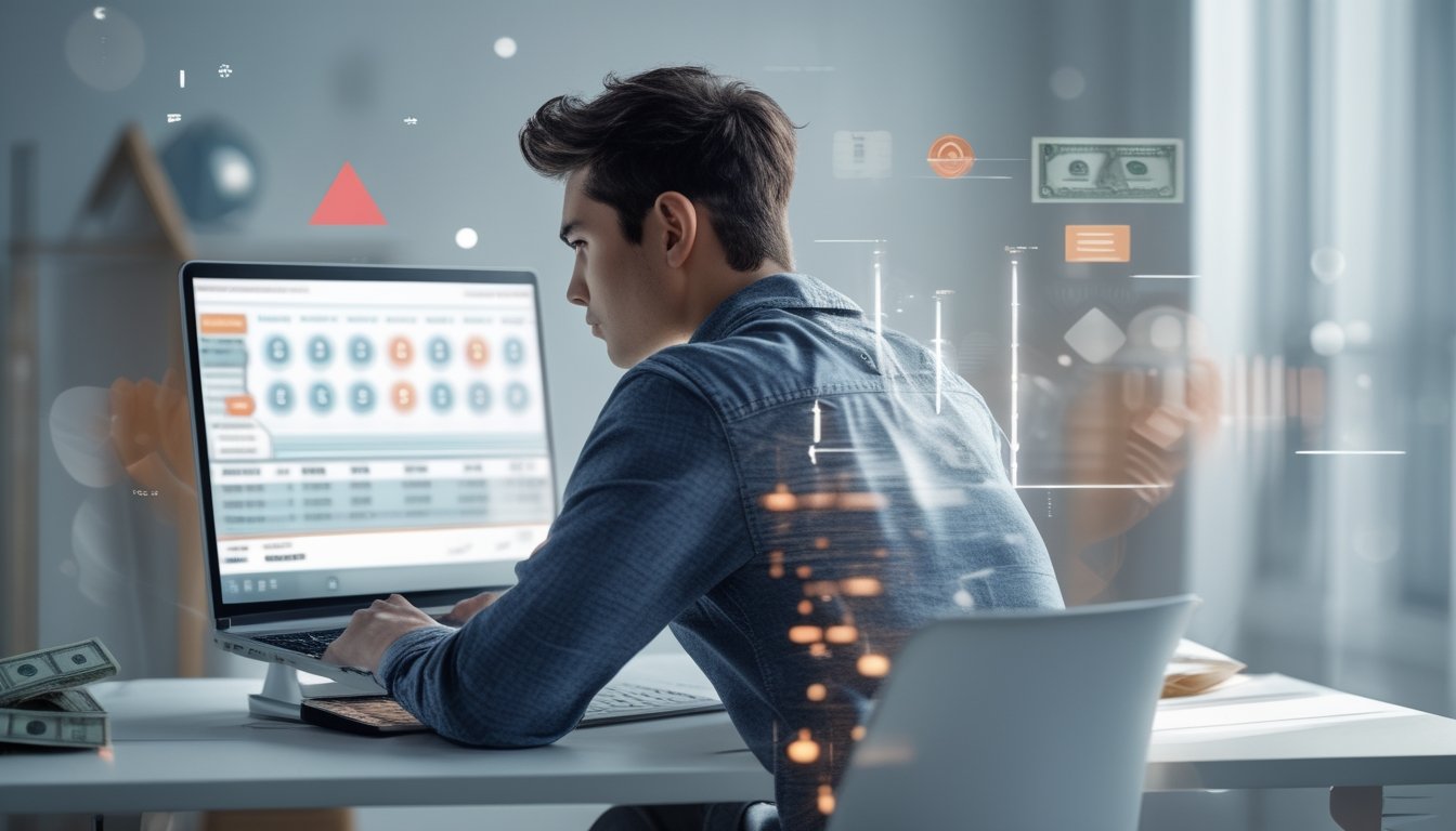 Seorang pria muda duduk di depan laptop dengan ekspresi serius, dikelilingi oleh simbol peringatan dan angka lotre digital.