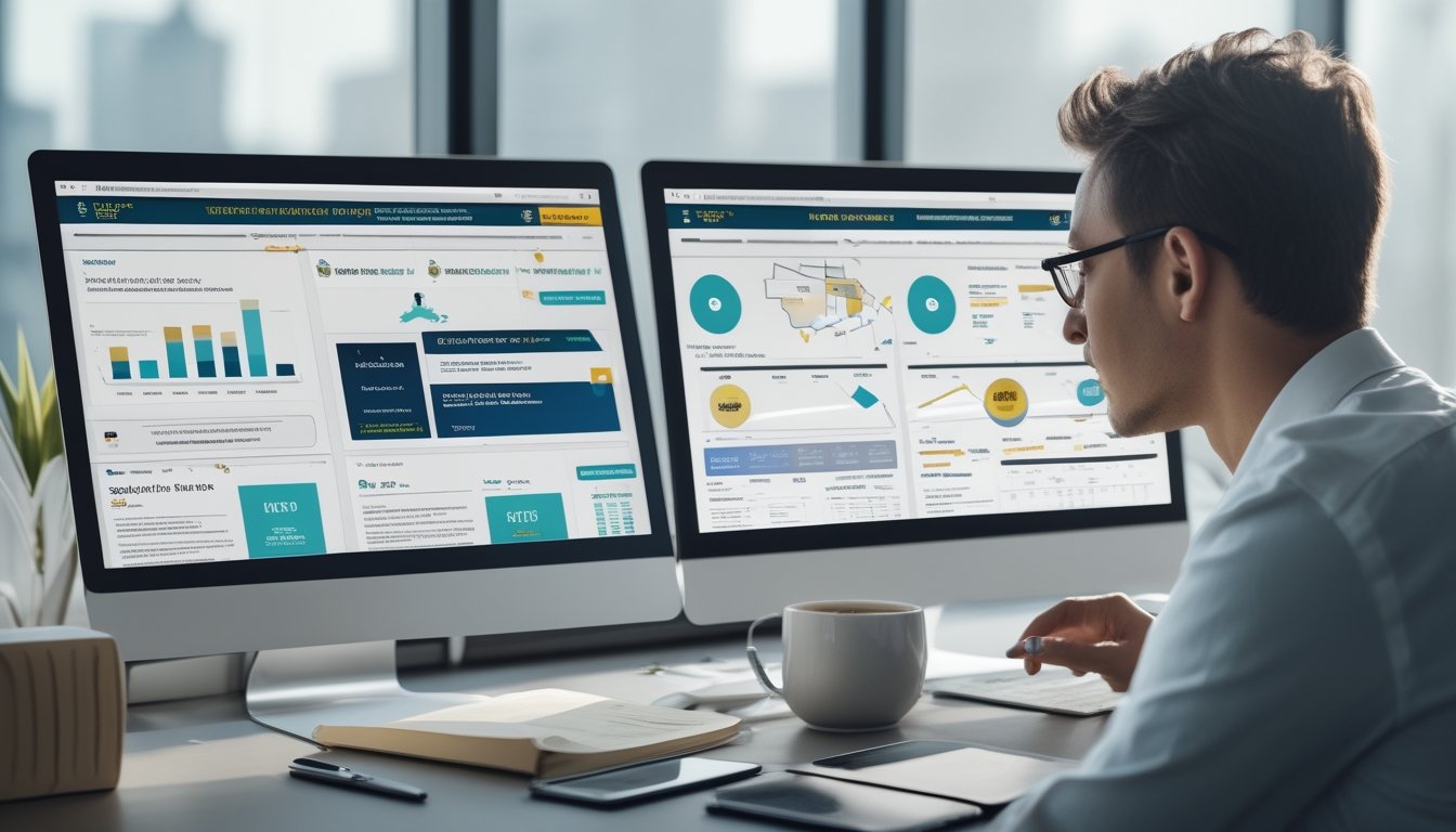 Seseorang sedang membandingkan dua tampilan situs web di komputer dalam suasana kantor modern.