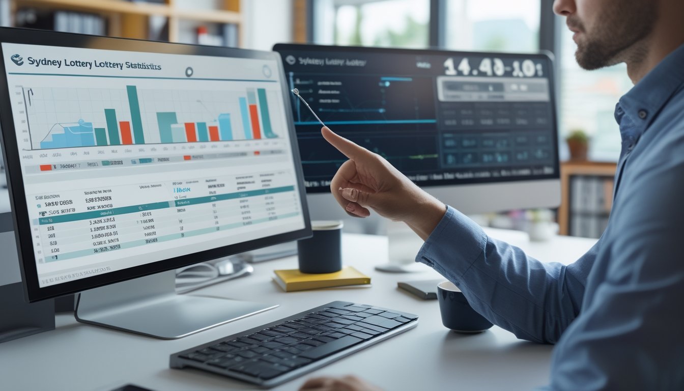 Seorang profesional sedang menganalisis data angka togel Sydney di depan komputer dengan grafik dan tabel statistik di ruang kantor yang terang.