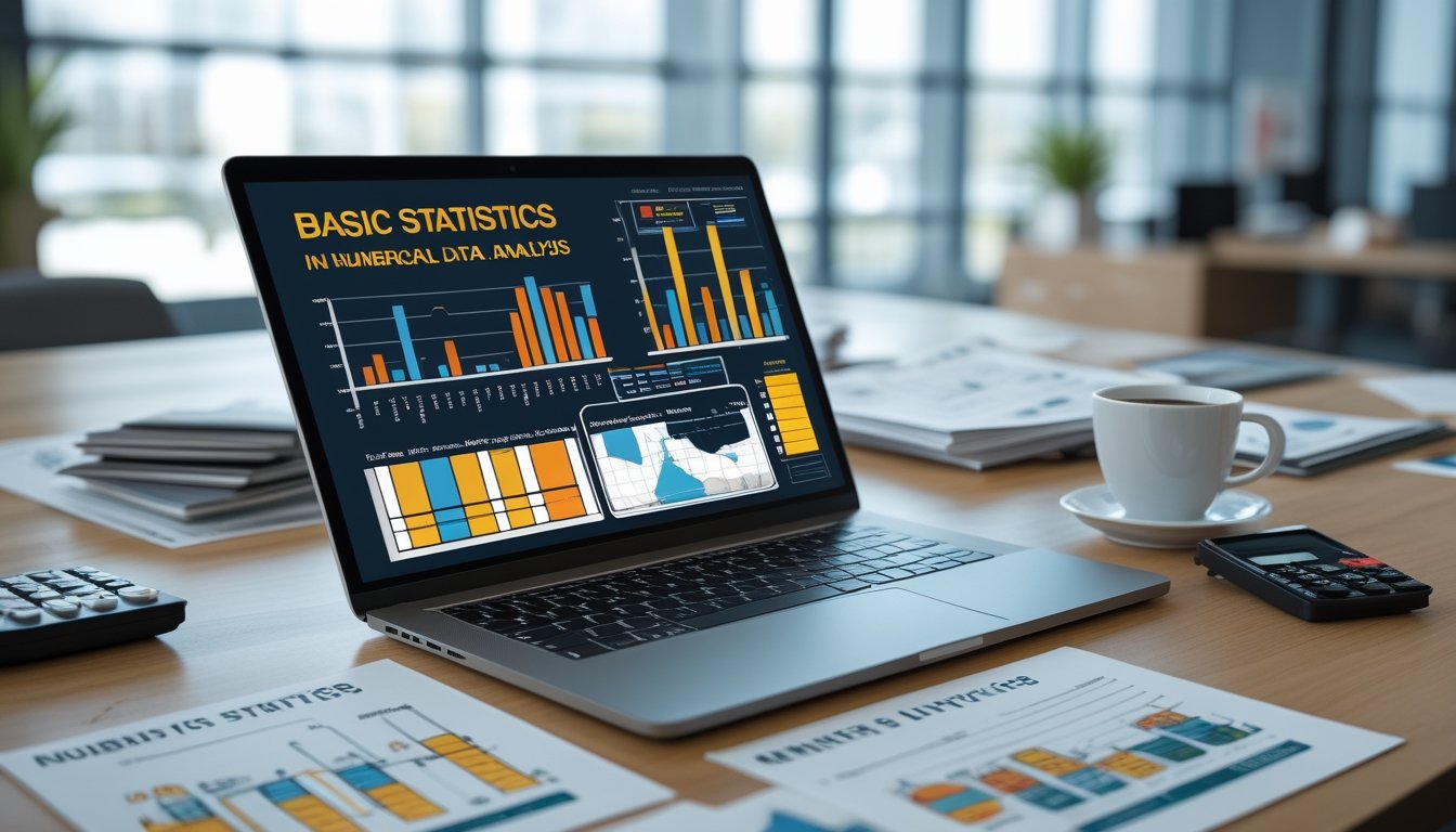 Seorang profesional sedang bekerja dengan laptop yang menampilkan grafik statistik dan angka di meja kantor yang terang.