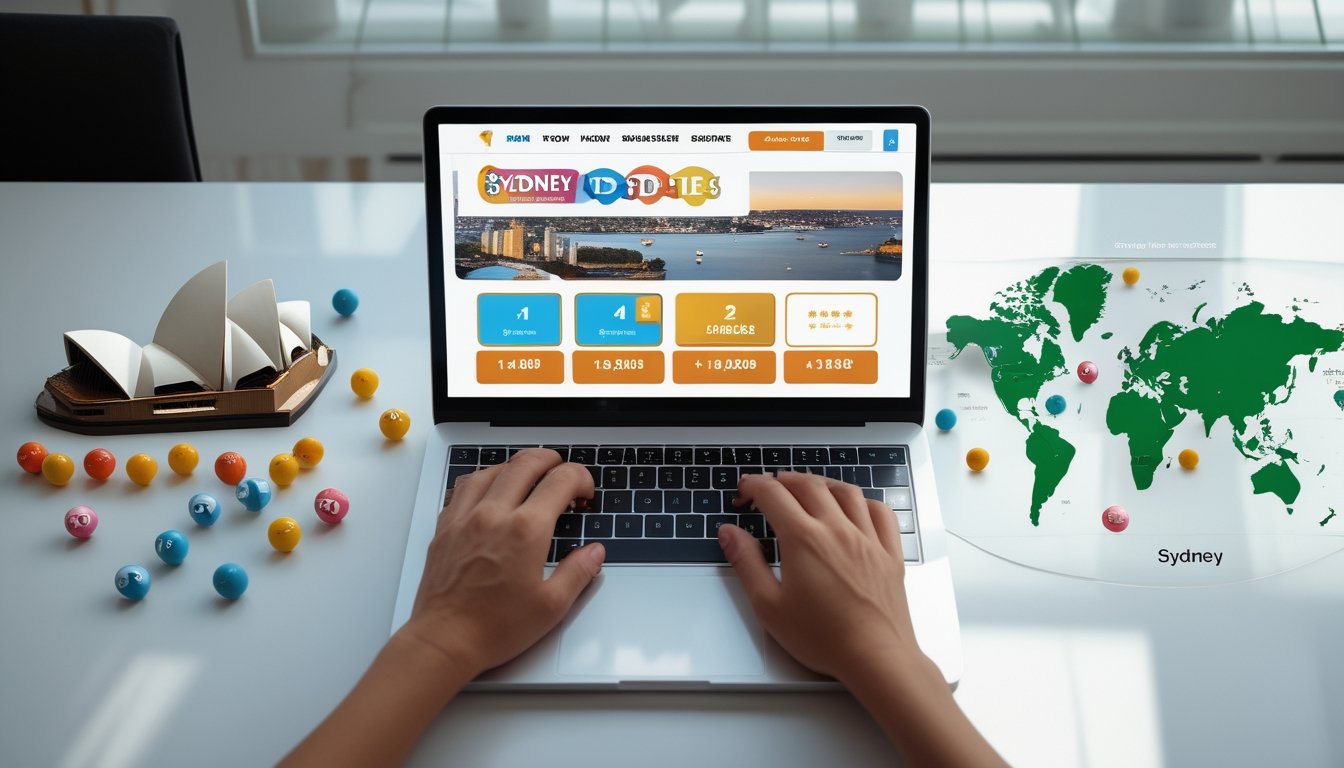 Meja kerja dengan laptop menampilkan situs togel online, miniatur Sydney Opera House, bola togel, dan peta digital, menunjukkan aktivitas pencarian togel Sydney di internet.