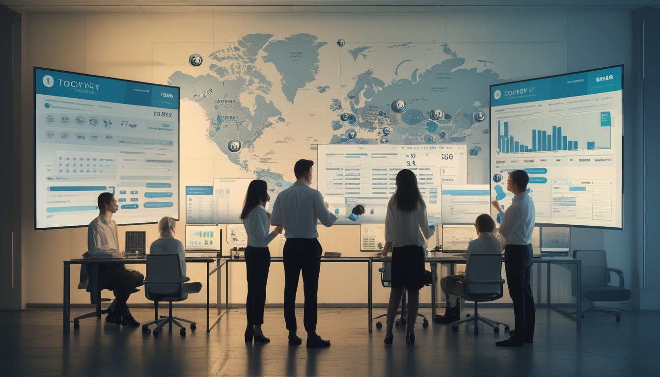 Beberapa profesional sedang menganalisis data dan grafik tentang Togel Sydney di sebuah kantor modern dengan latar belakang peta Sydney dan landmark kota.