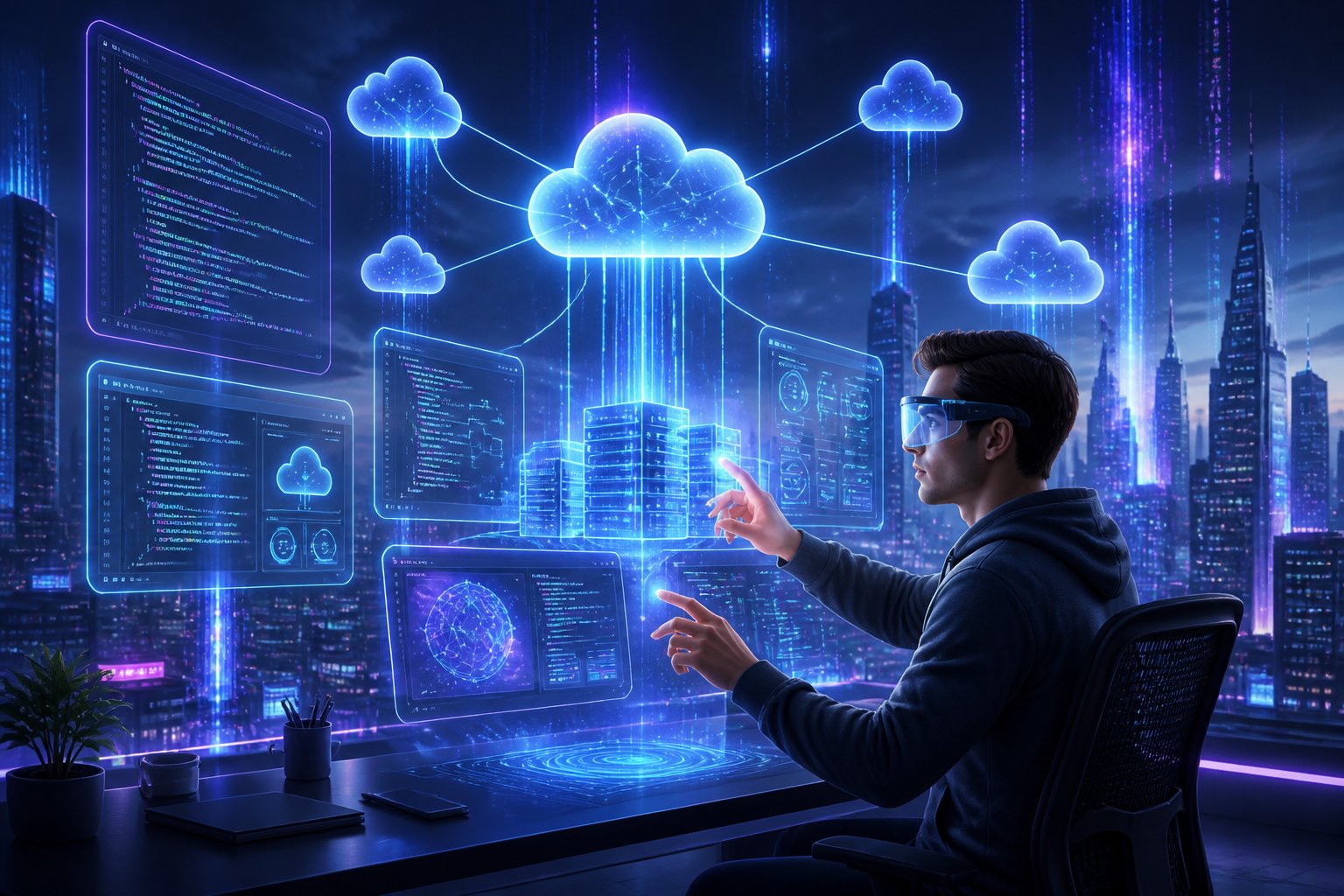 A developer interacting with floating holographic screens showing cloud hosting and coding elements in a futuristic workspace with a cityscape in the background.