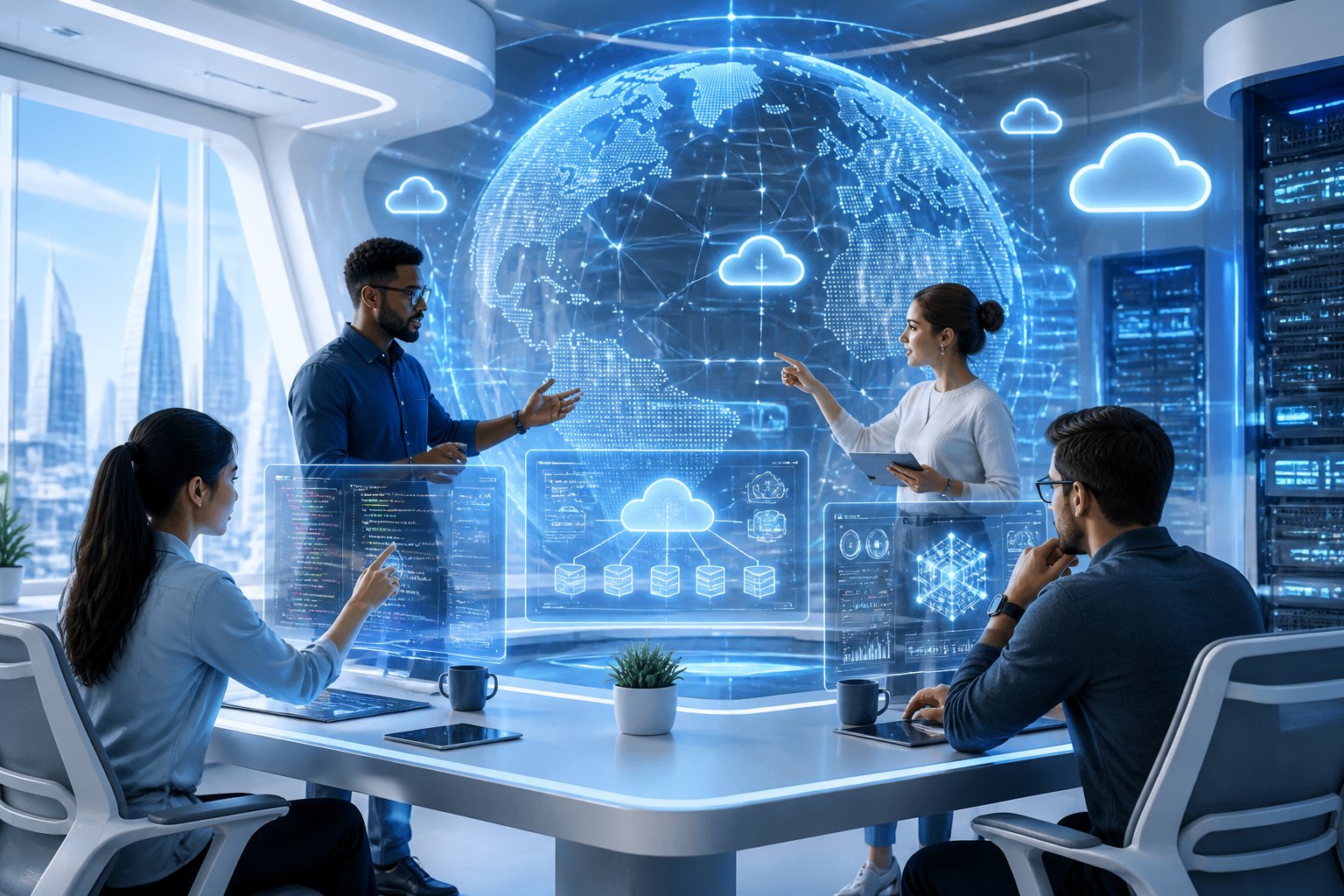 A group of developers working together in a futuristic workspace with holographic screens showing cloud infrastructure and code, surrounded by digital cloud network visuals.
