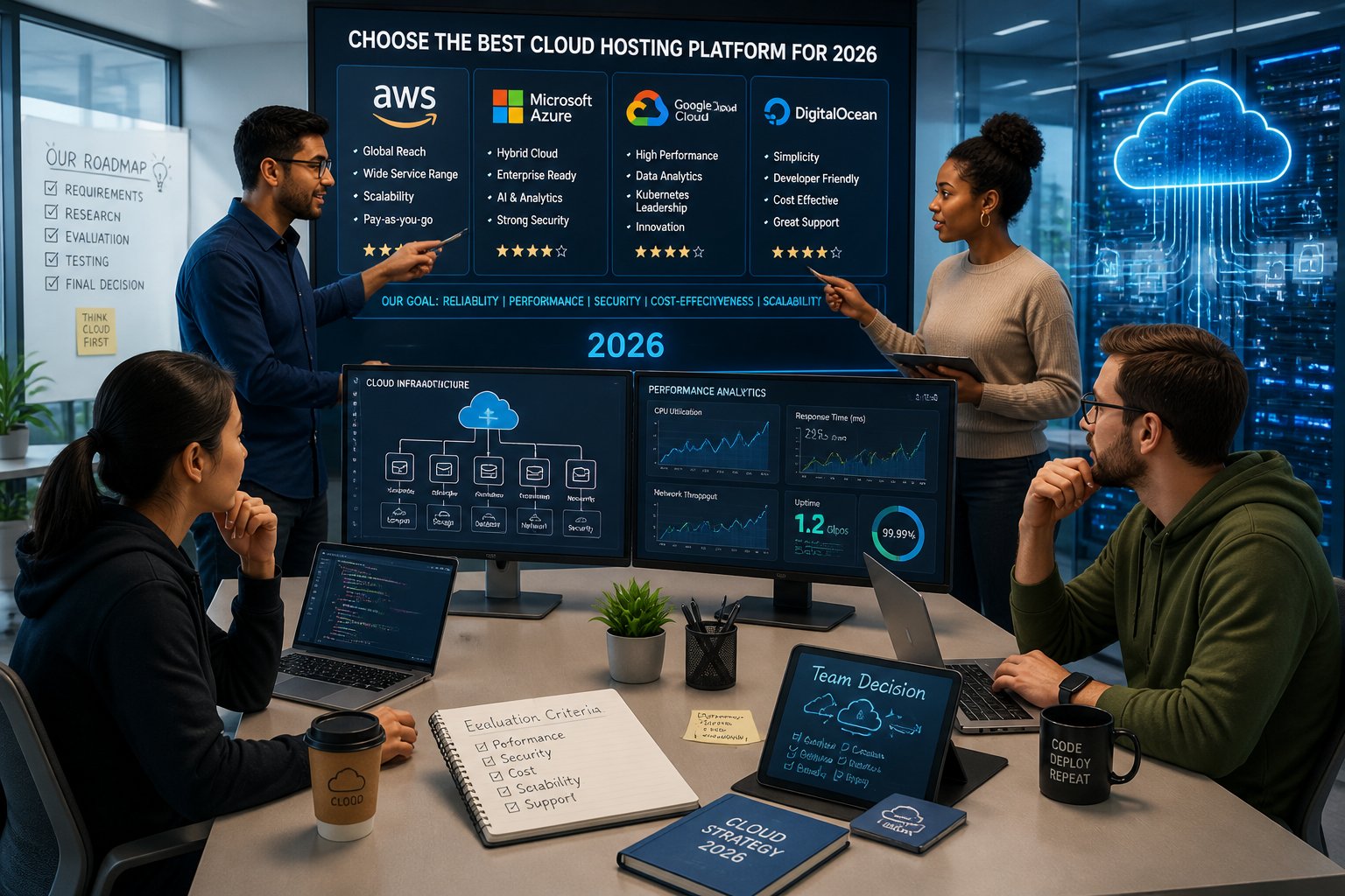A group of developers collaborating around computer screens showing cloud infrastructure and data analytics in a modern workspace.