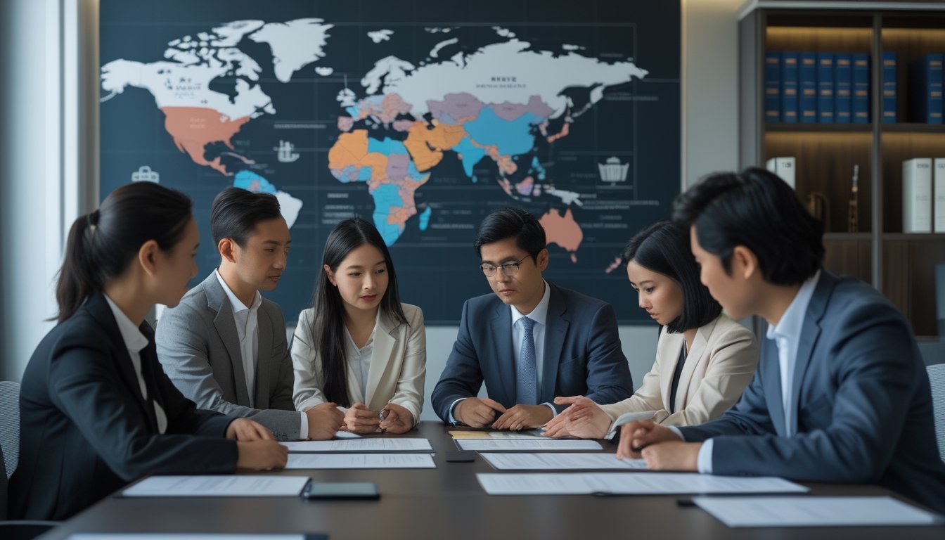 Sekelompok profesional Asia sedang berdiskusi serius di kantor modern dengan peta dunia dan buku hukum di latar belakang.