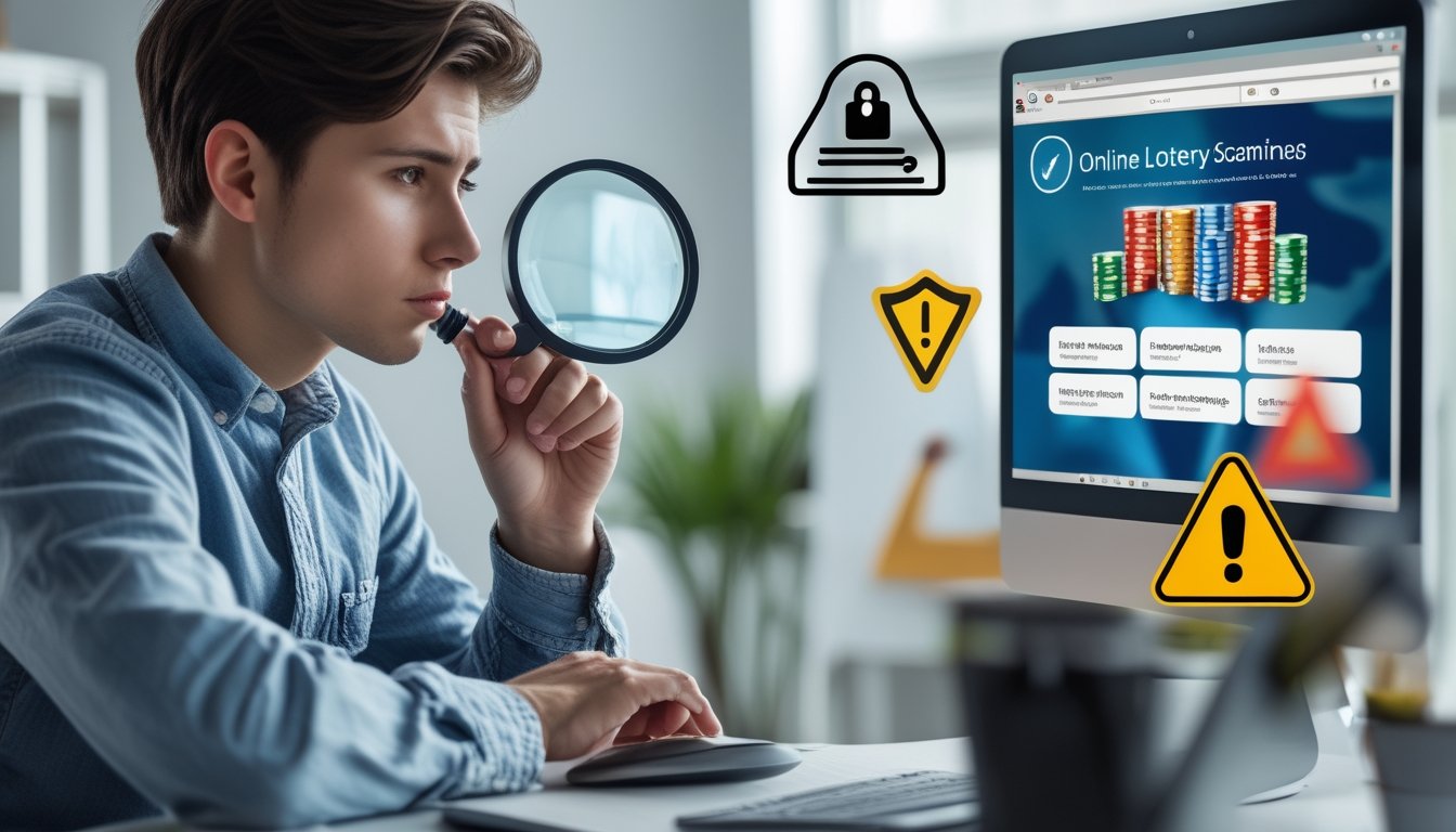 Seorang dewasa muda sedang duduk di meja dengan laptop, memeriksa layar dengan kaca pembesar, menunjukkan kehati-hatian terhadap situs togel online.