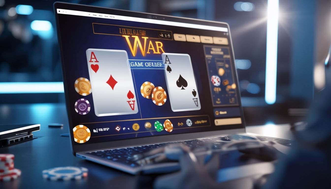 Seorang pemain menggunakan komputer untuk bermain permainan kartu kasino online dengan suasana yang profesional dan modern.