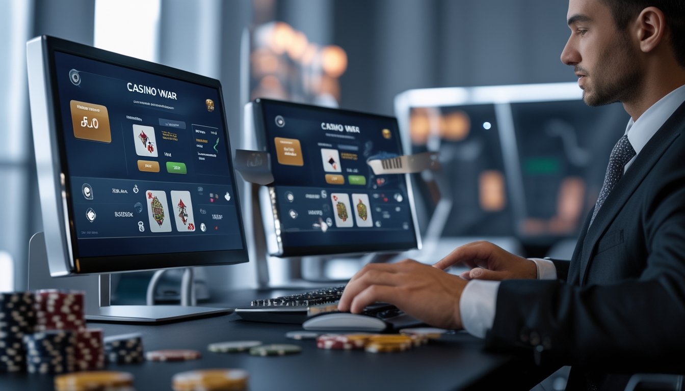 Seseorang sedang bermain permainan Casino War online di depan komputer dengan tampilan kartu dan chip kasino di sekitar.