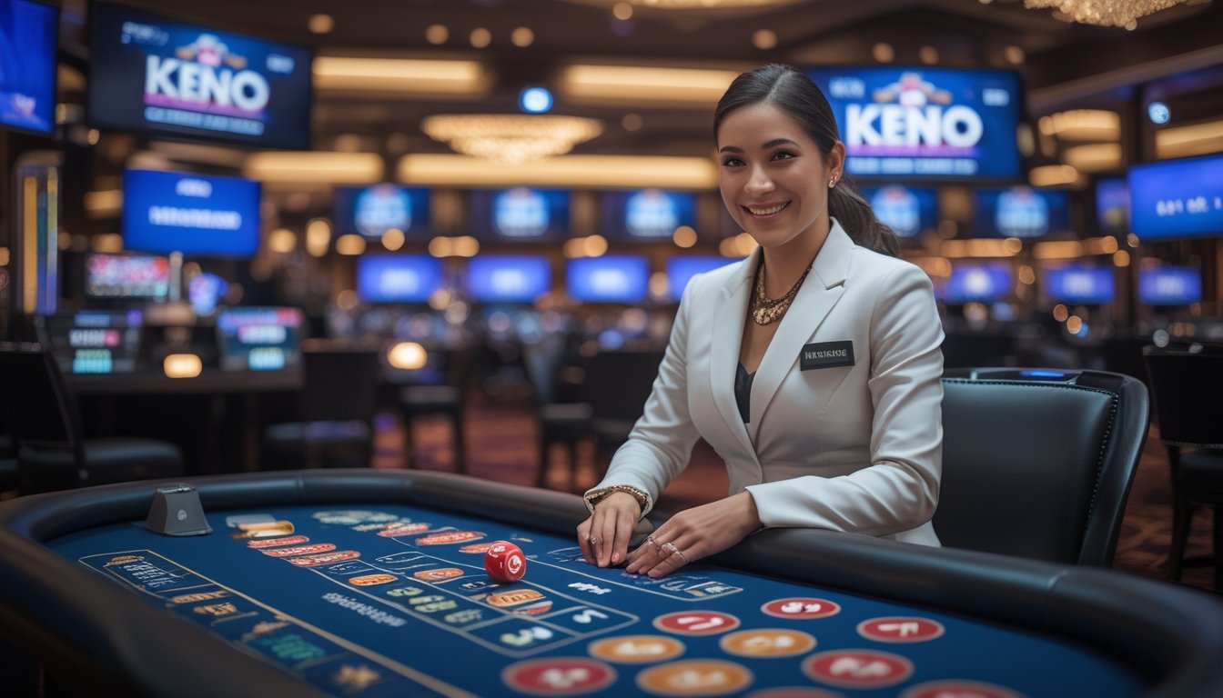 Seorang dealer nyata sedang memandu permainan keno langsung di meja kasino dengan layar streaming waktu nyata di latar belakang.