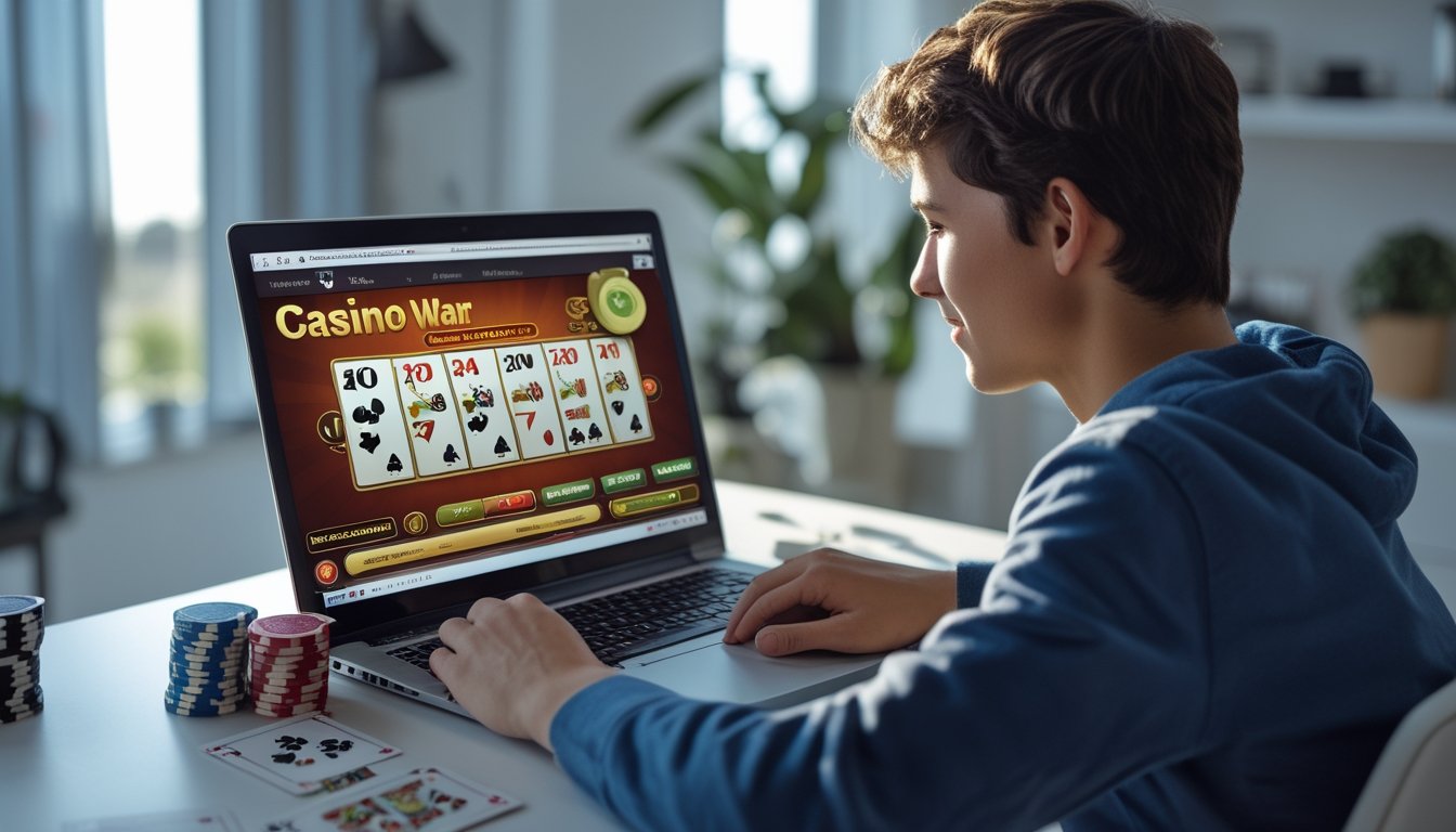 Seseorang sedang belajar bermain Casino War di depan laptop dengan kartu dan chip kasino di meja.