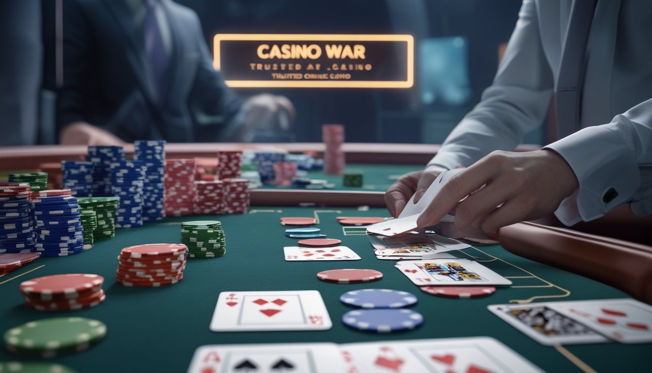 Meja kasino dengan kartu bermain Casino War dan tangan dealer yang sedang membagikan kartu, dengan layar komputer yang menampilkan antarmuka kasino online di latar belakang.