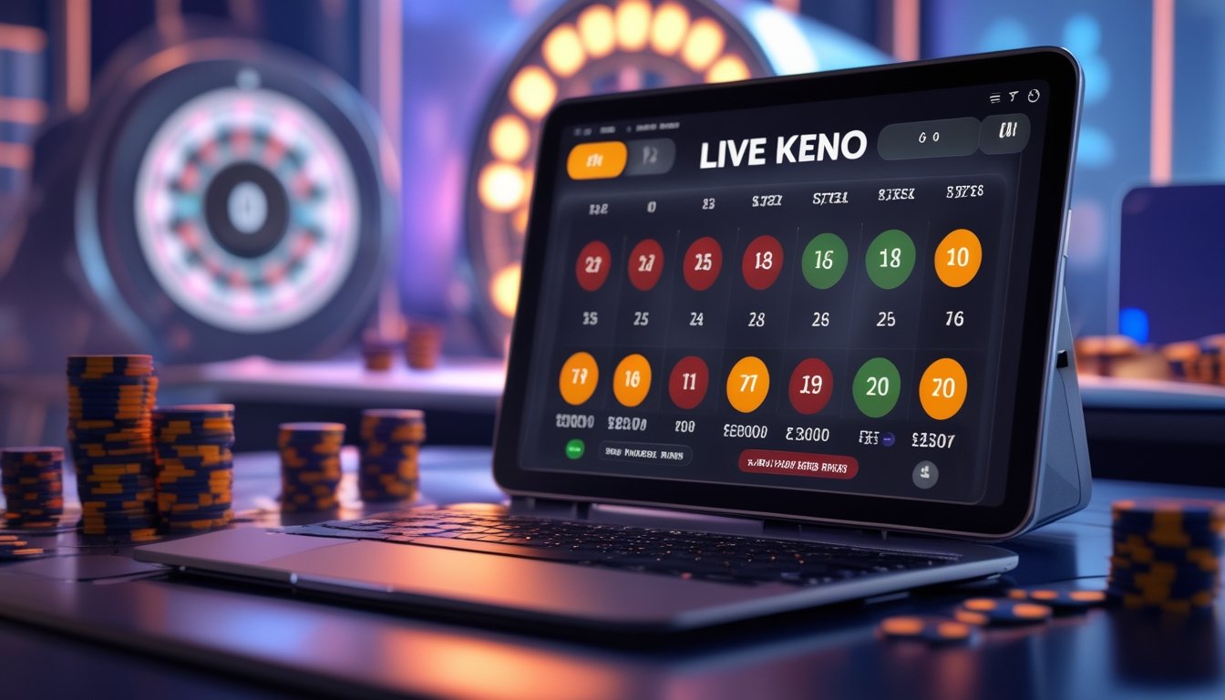Suasana permainan Keno live di casino online dengan layar digital menampilkan angka Keno dan chip poker di sekitarnya.