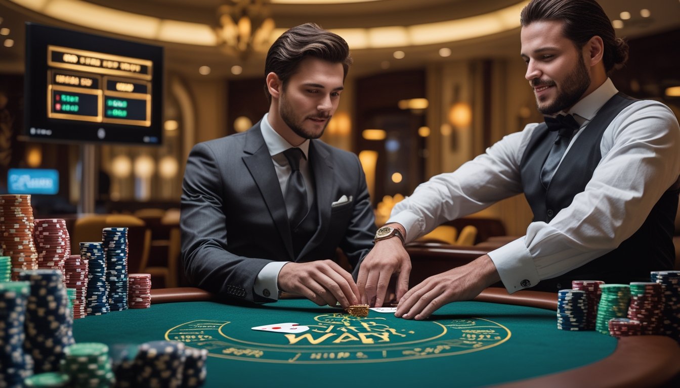 Seorang pemain fokus bermain permainan Casino War di meja kasino dengan dealer dan tumpukan chip di sekitarnya.