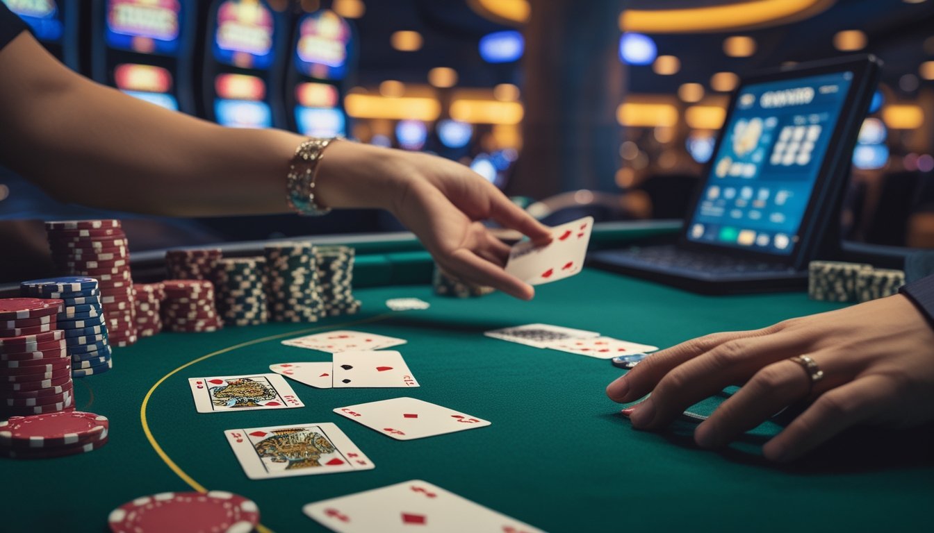 Meja kasino dengan kartu remi, tumpukan chip, dan tangan dealer sedang membagikan kartu di lingkungan kasino modern.