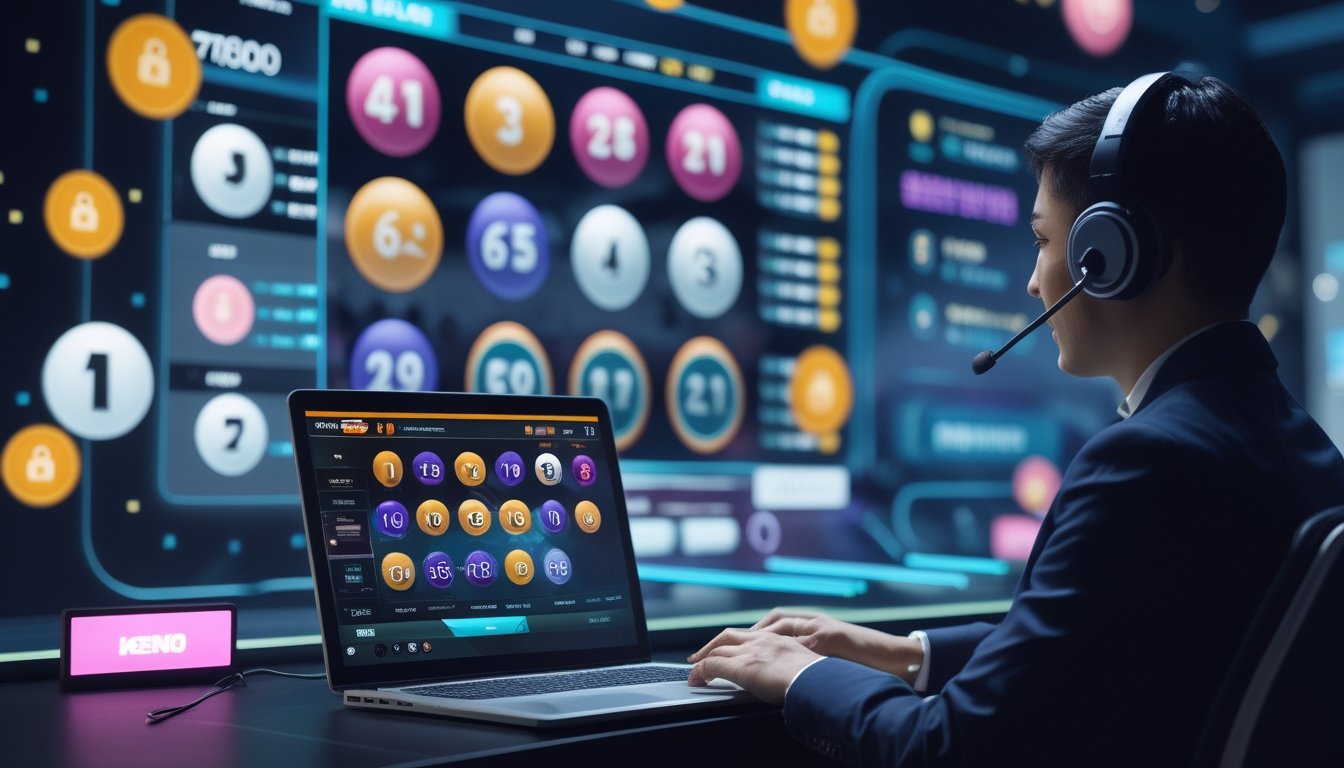 Seorang perwakilan layanan pelanggan profesional sedang membantu pemain dalam permainan Keno online dengan layar digital menampilkan permainan dan simbol transaksi aman di latar belakang.