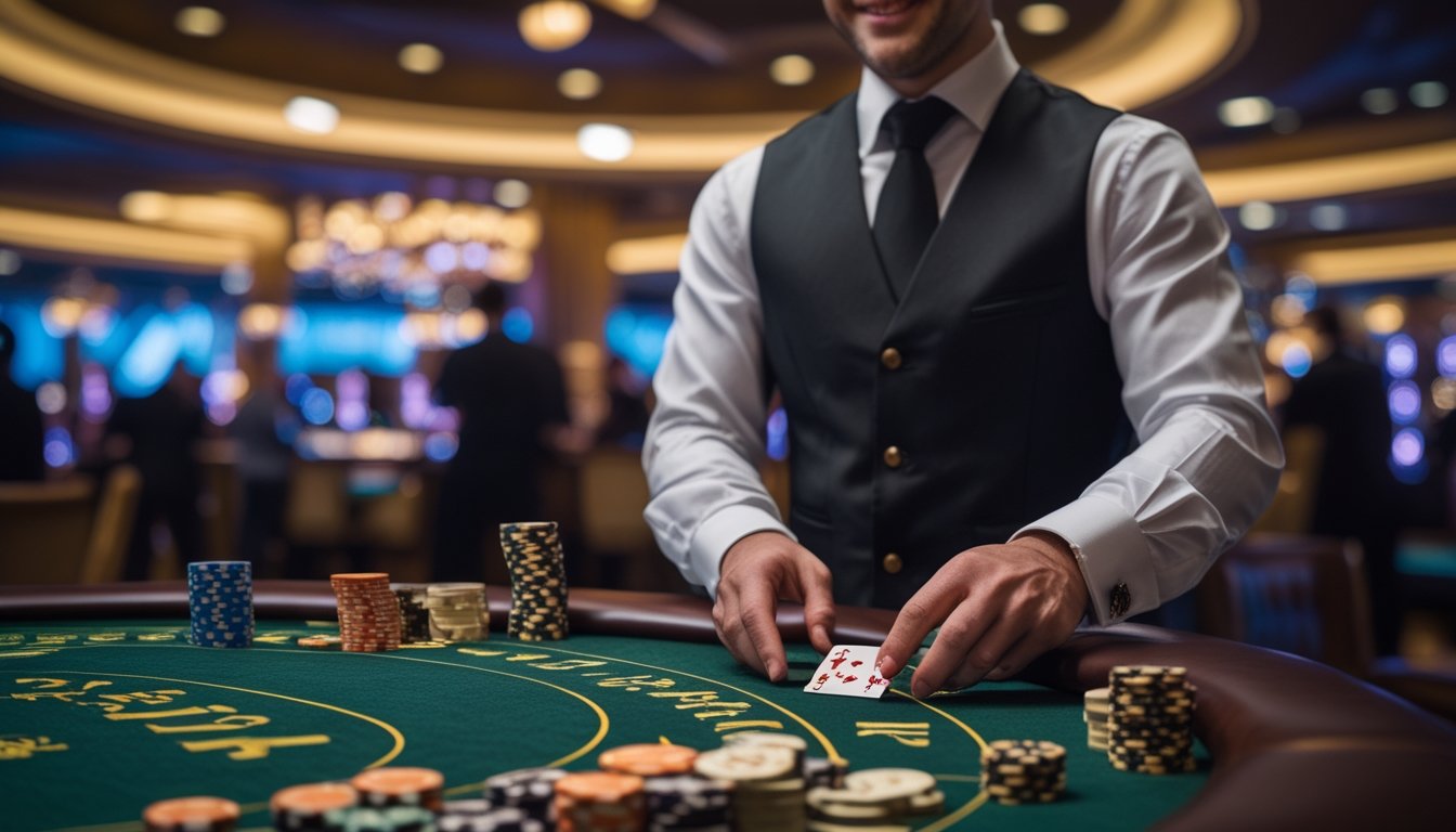 Seorang bandar casino sedang mengelola permainan Casino War di meja hijau dengan tumpukan chip dan suasana kasino yang ramai.
