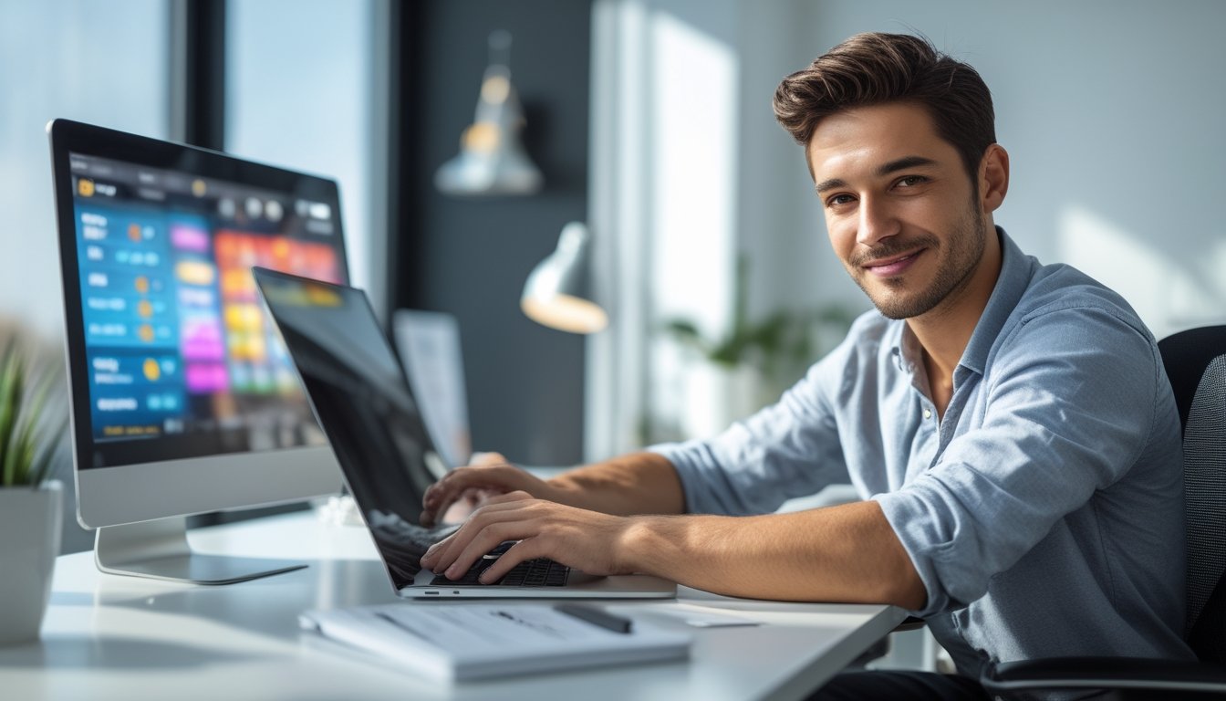 Seorang pria muda duduk di meja dengan laptop, sedang mendaftar di situs kasino online Keno resmi.