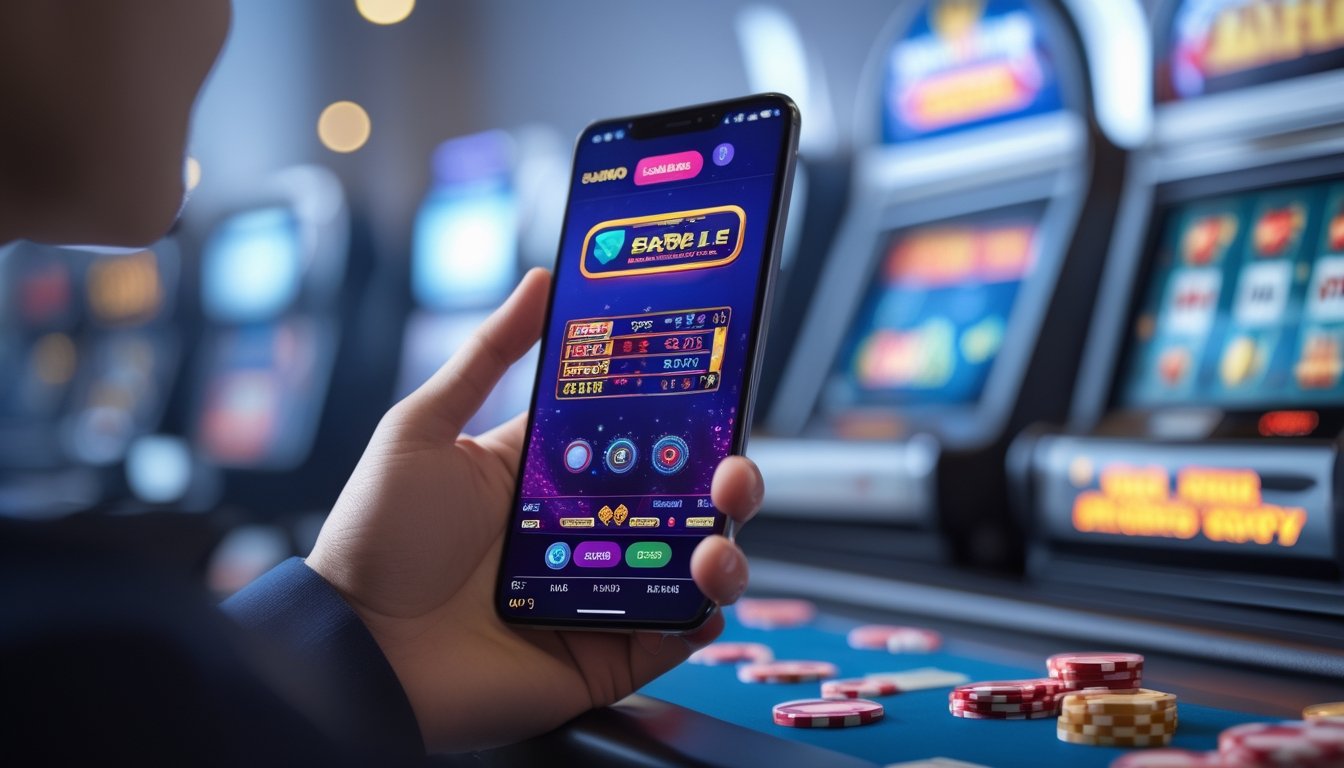 Seseorang memegang ponsel yang menampilkan permainan kasino online dengan latar belakang elemen kasino seperti chip dan kartu remi.