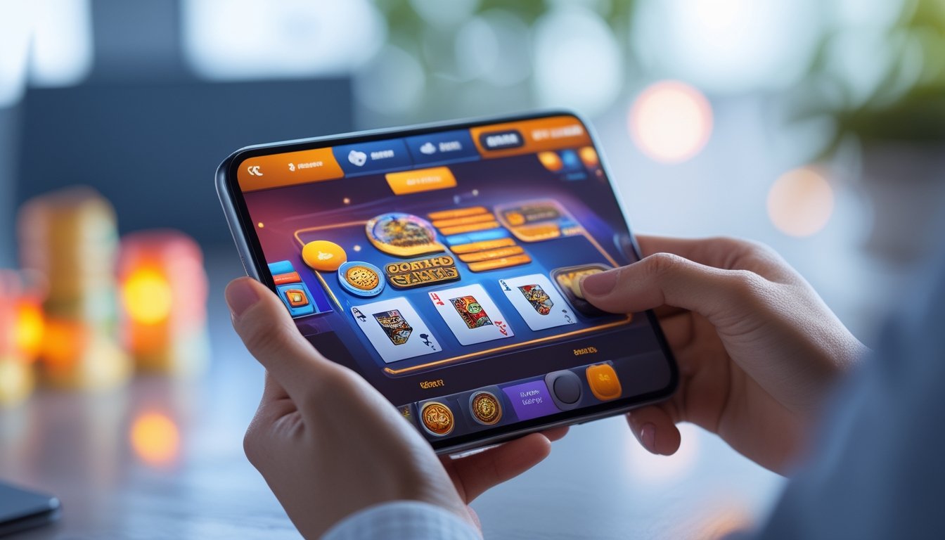 Seseorang memegang ponsel dengan tampilan permainan casino war online yang berwarna-warni di layar, di latar belakang terlihat suasana modern dan terang.