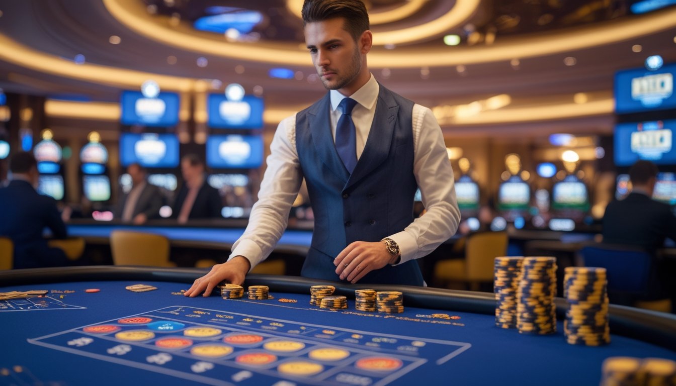 Seorang dealer kasino profesional sedang mengelola meja keno live dengan beberapa pemain memperhatikan permainan di latar belakang.