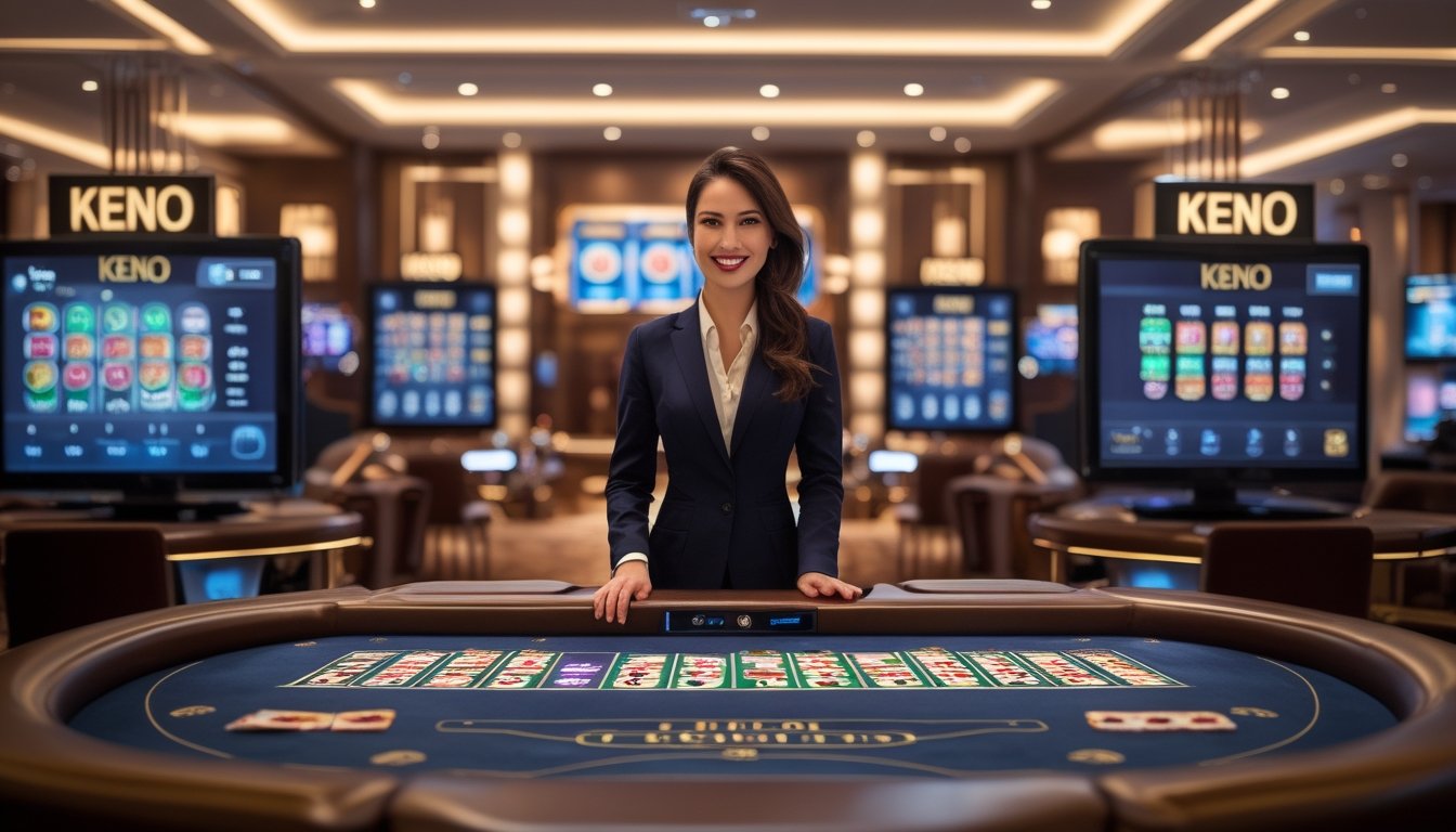 Seorang dealer live wanita berdiri di belakang meja Keno dengan kartu dan chip, di dalam ruangan kasino yang mewah dan terang.