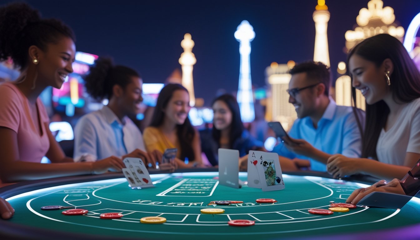 Meja blackjack online dengan kartu dan chip di layar perangkat digital, dikelilingi oleh lampu neon dan siluet landmark Las Vegas, menampilkan pemain yang antusias bermain permainan kartu.
