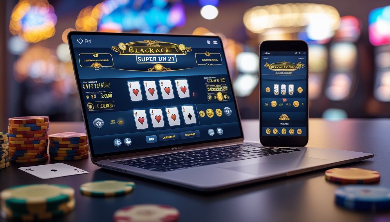 Sebuah meja blackjack online dengan laptop dan ponsel menampilkan permainan kartu Super Fun 21, dikelilingi chip poker dan kartu bermain.