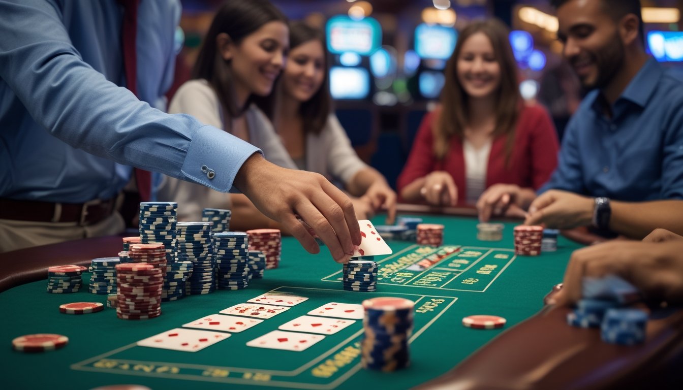 Meja blackjack dengan dealer membagikan kartu kepada pemain yang antusias di kasino.