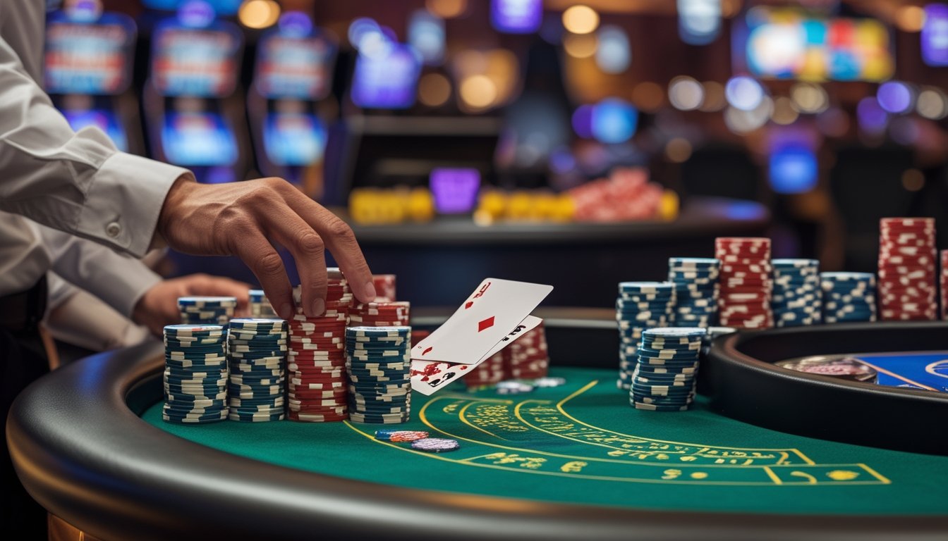 Meja blackjack di kasino dengan kartu dan chip, suasana kasino yang hidup dan penuh warna di latar belakang.