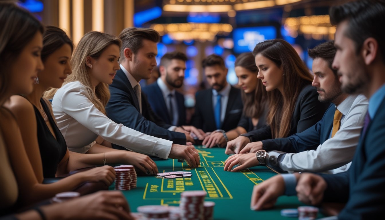 Beberapa pemain di meja blackjack di kasino dengan suasana Las Vegas Strip, fokus bermain kartu dan berjudi.