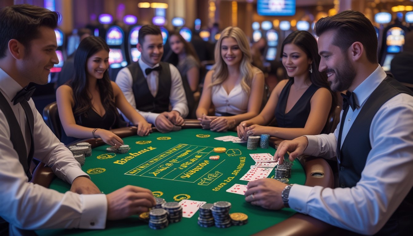 Beberapa orang bermain blackjack di meja kasino dengan dealer yang sedang membagikan kartu.