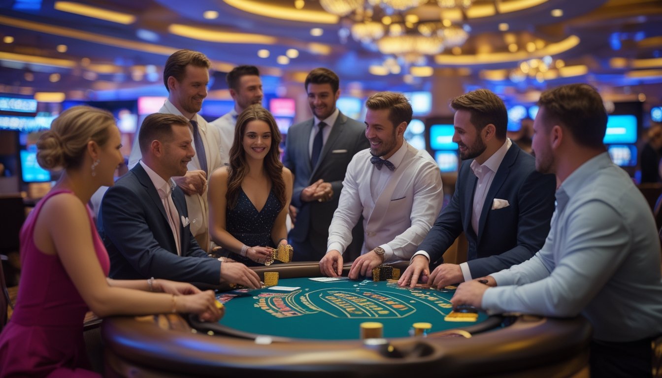 Suasana meja blackjack yang ramai di kasino dengan pemain dan dealer sedang bermain.