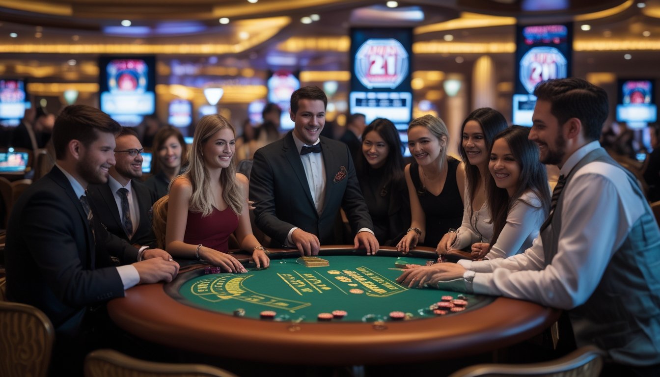 Suasana meja blackjack di kasino dengan pemain dan dealer sedang bermain permainan Super Fun 21.