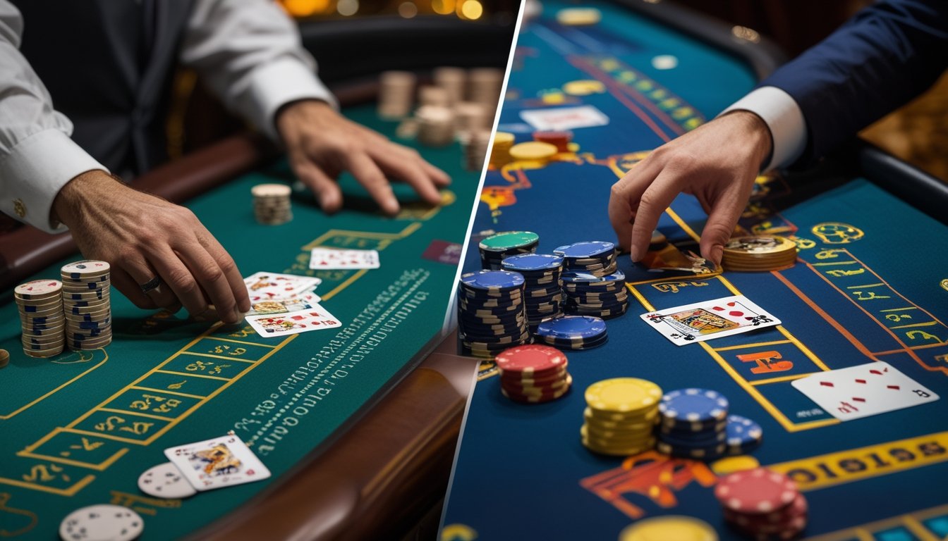 Meja blackjack di kasino dengan dua setup permainan berbeda, satu untuk Vegas Strip dan satu untuk Super Fun 21, menampilkan kartu dan chip di atas meja.