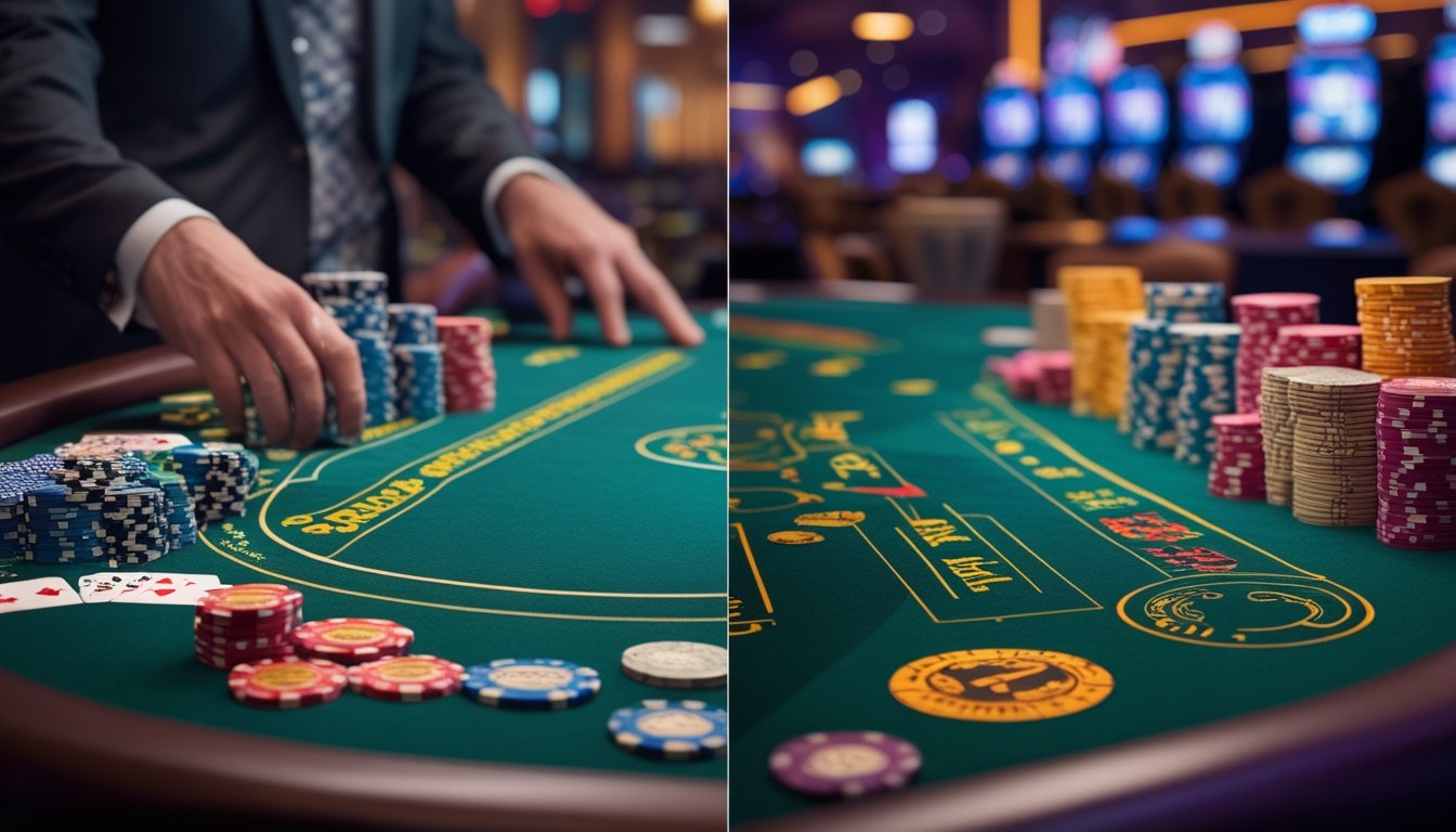 Meja kasino dengan dua permainan blackjack yang berbeda, satu gaya Vegas Strip dan satu gaya Super Fun 21, dengan kartu dan chip di atas meja.