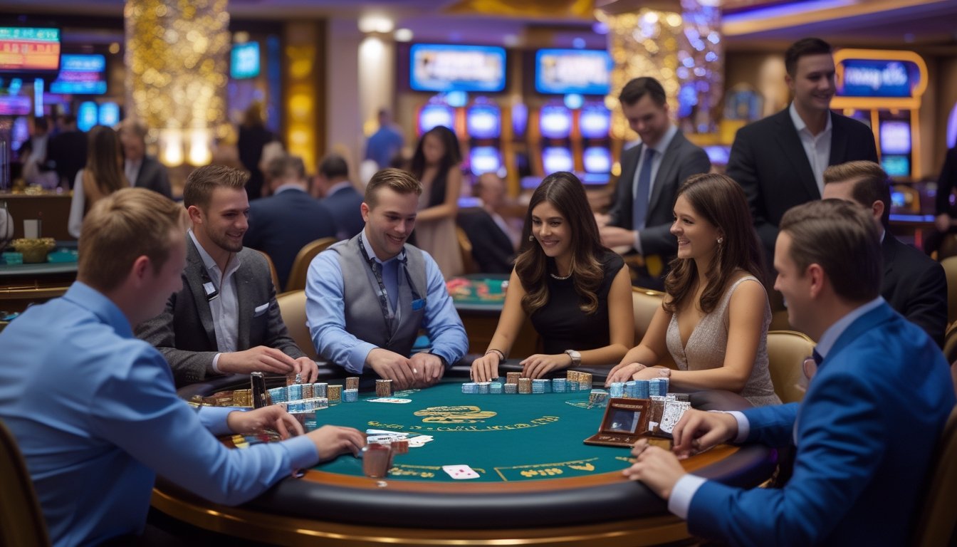 Sekelompok orang bermain blackjack di meja kasino dengan dealer, suasana cerah dan ramai di kasino Las Vegas Strip.