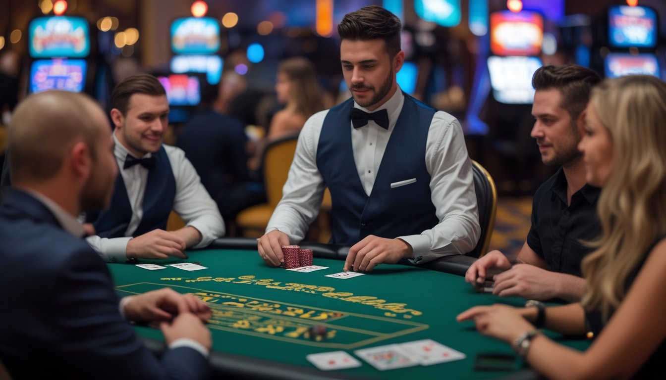 Meja blackjack di kasino dengan dealer dan pemain yang sedang bermain kartu di suasana kasino yang ramai.